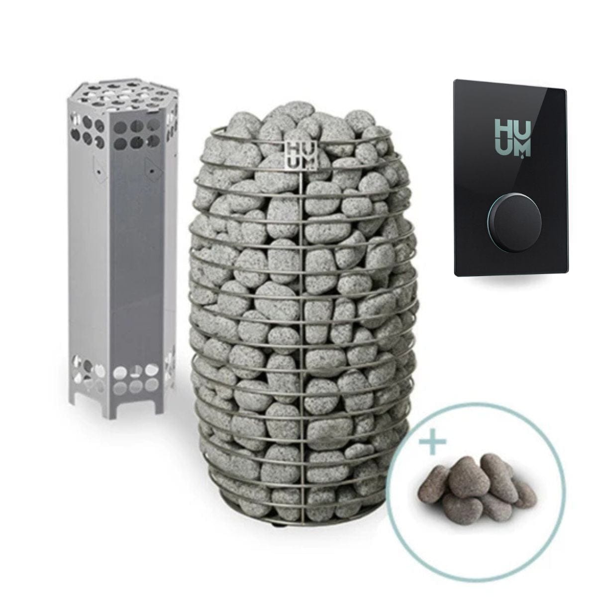 Decorative stone basket with stones, metal stand, and control panel on a white background