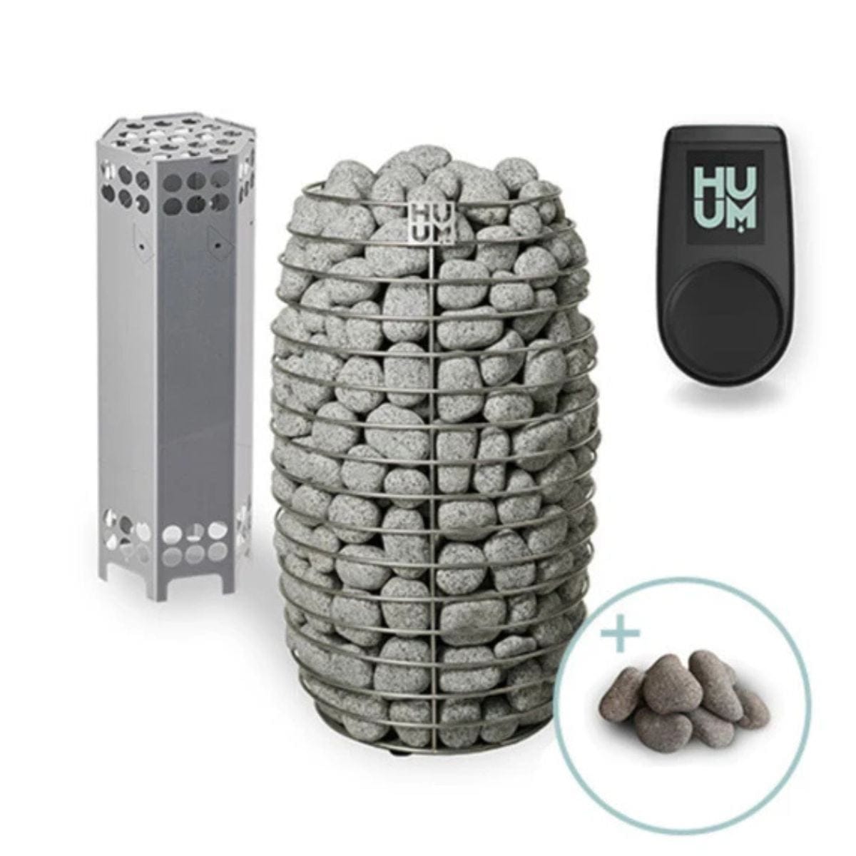 HUM pet product set with stone-like container, remote control, and additional stones on a white background