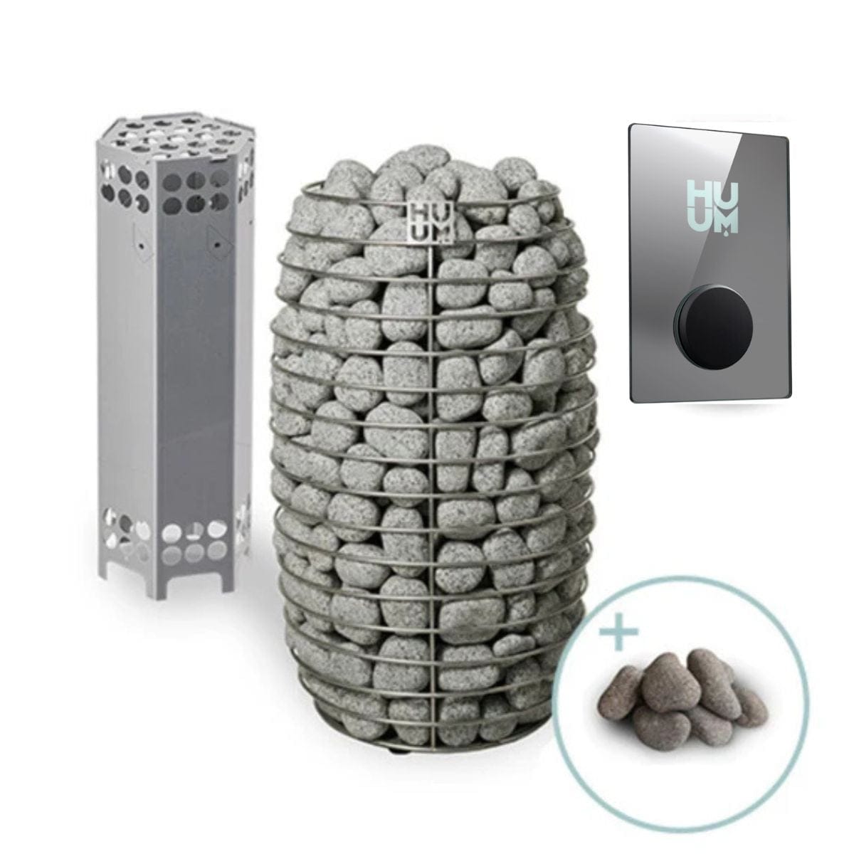 Pet product set with stone-like structure, metal box, and digital display on a white background