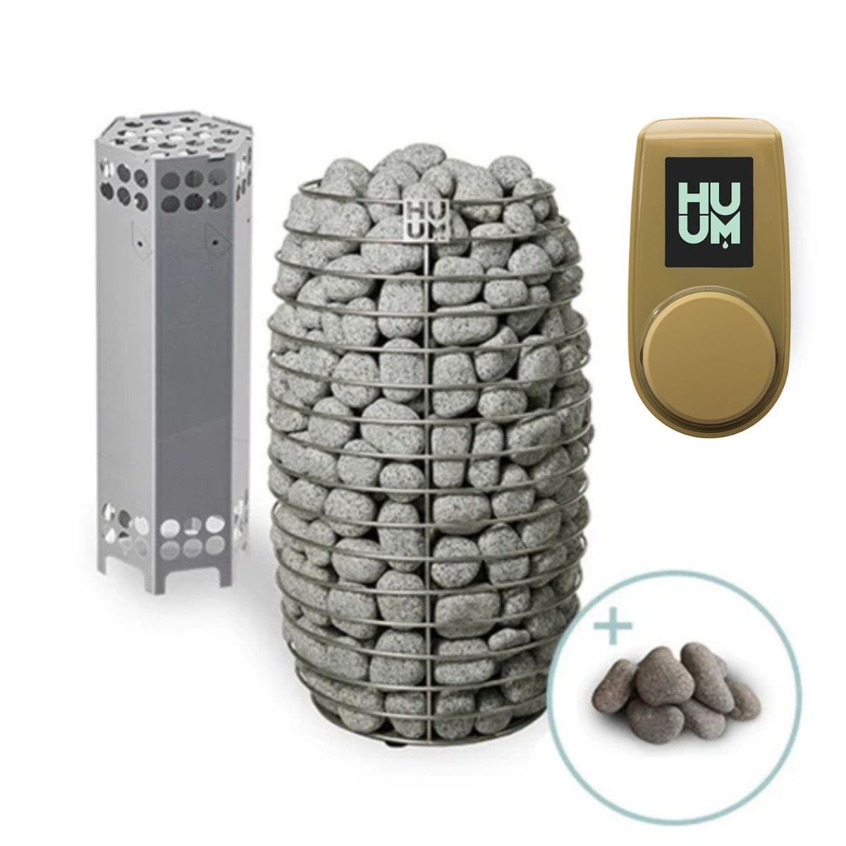 Pet food storage system with stones, metal stand, and digital display on a white background