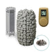 Pet food storage system with stones, metal stand, and digital display on a white background