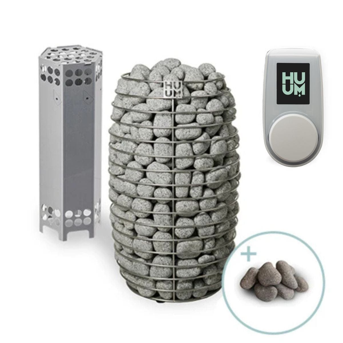 Pet bed made of stones with a digital thermometer and additional stones on a white background