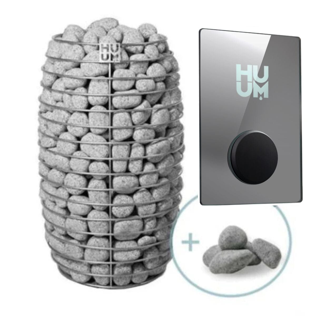 HUUM product with stone-like design and digital display on a white background