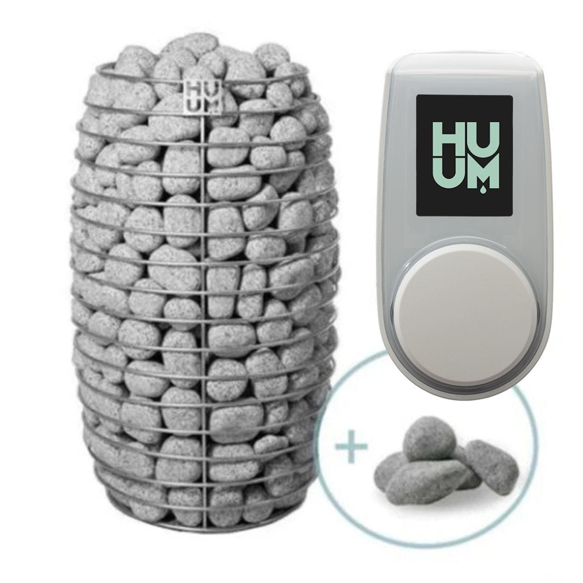HUUM smoking cessation device with stones and digital display on a white background