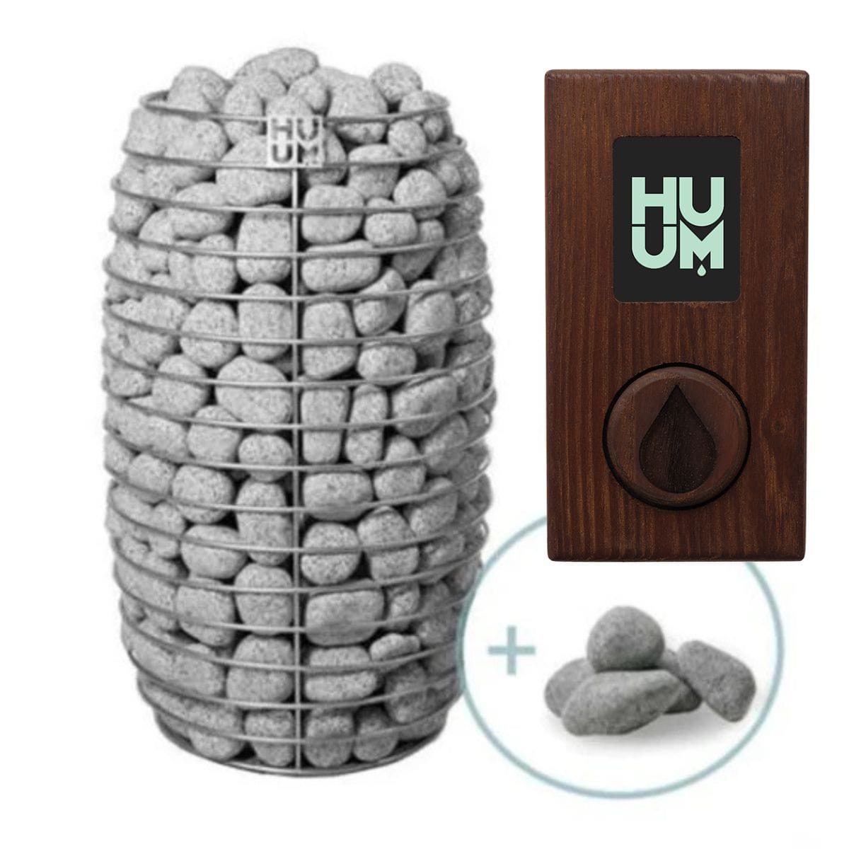 HUUM product with stone-like material and wooden control panel on a white background
