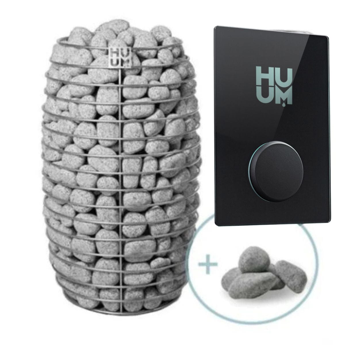 HUUM product with stones and black device on a white background