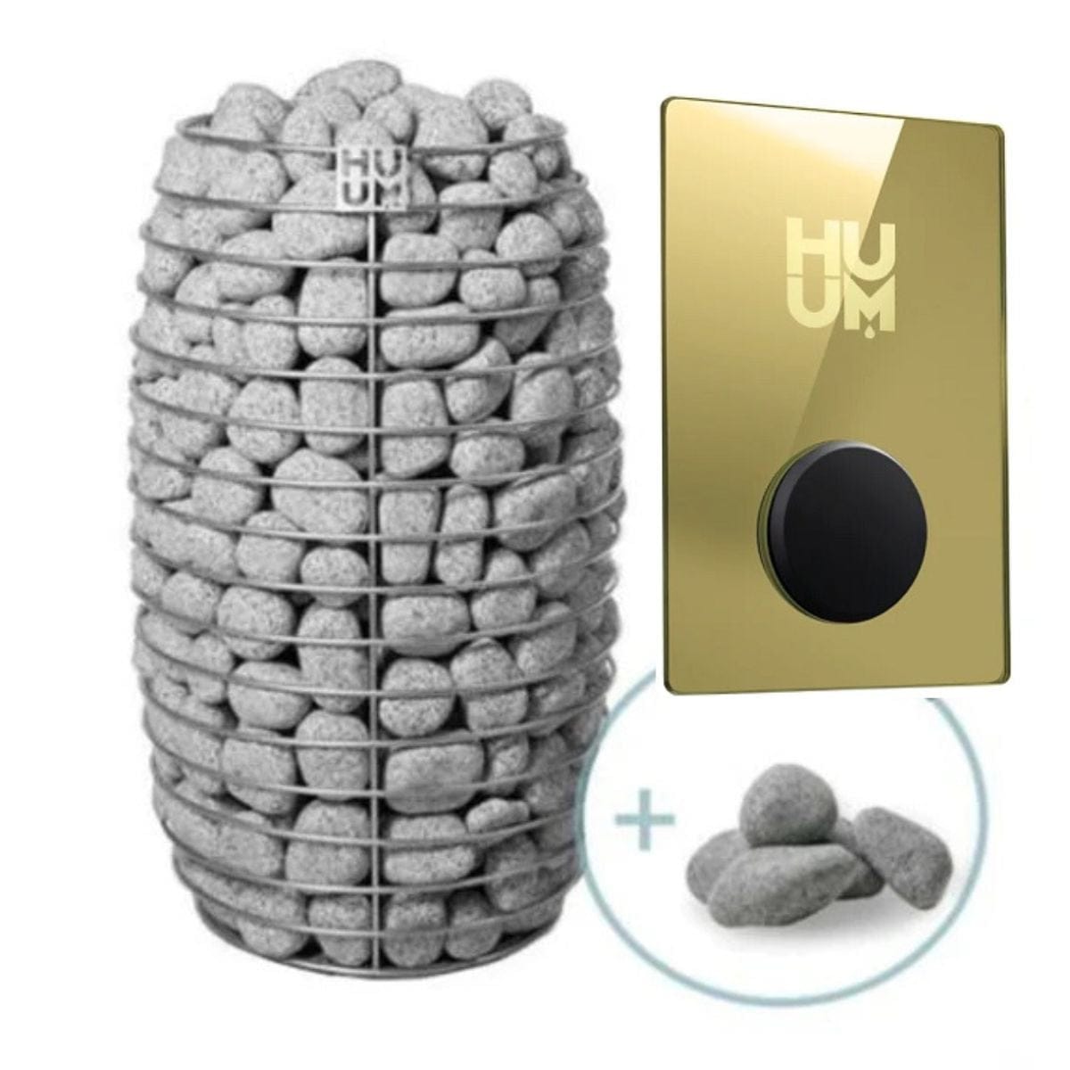 Decorative stone ball with 'HUUM' branding next to a gold and black control panel on a white background.