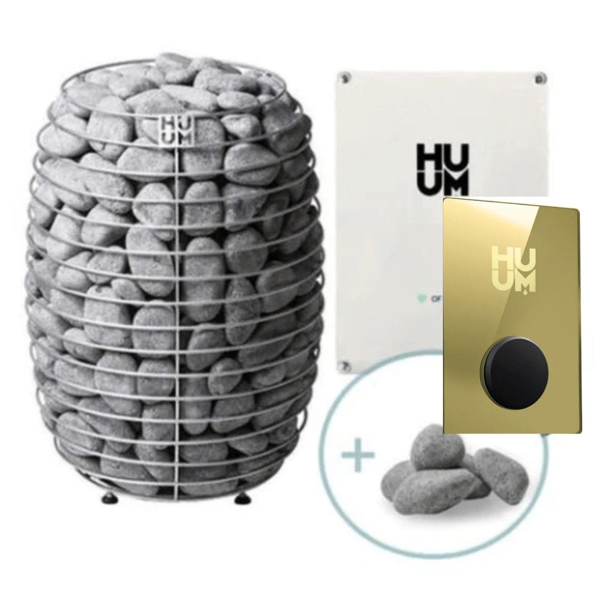 HUUM product set including stone diffuser, control panel, and stone pack on a white background
