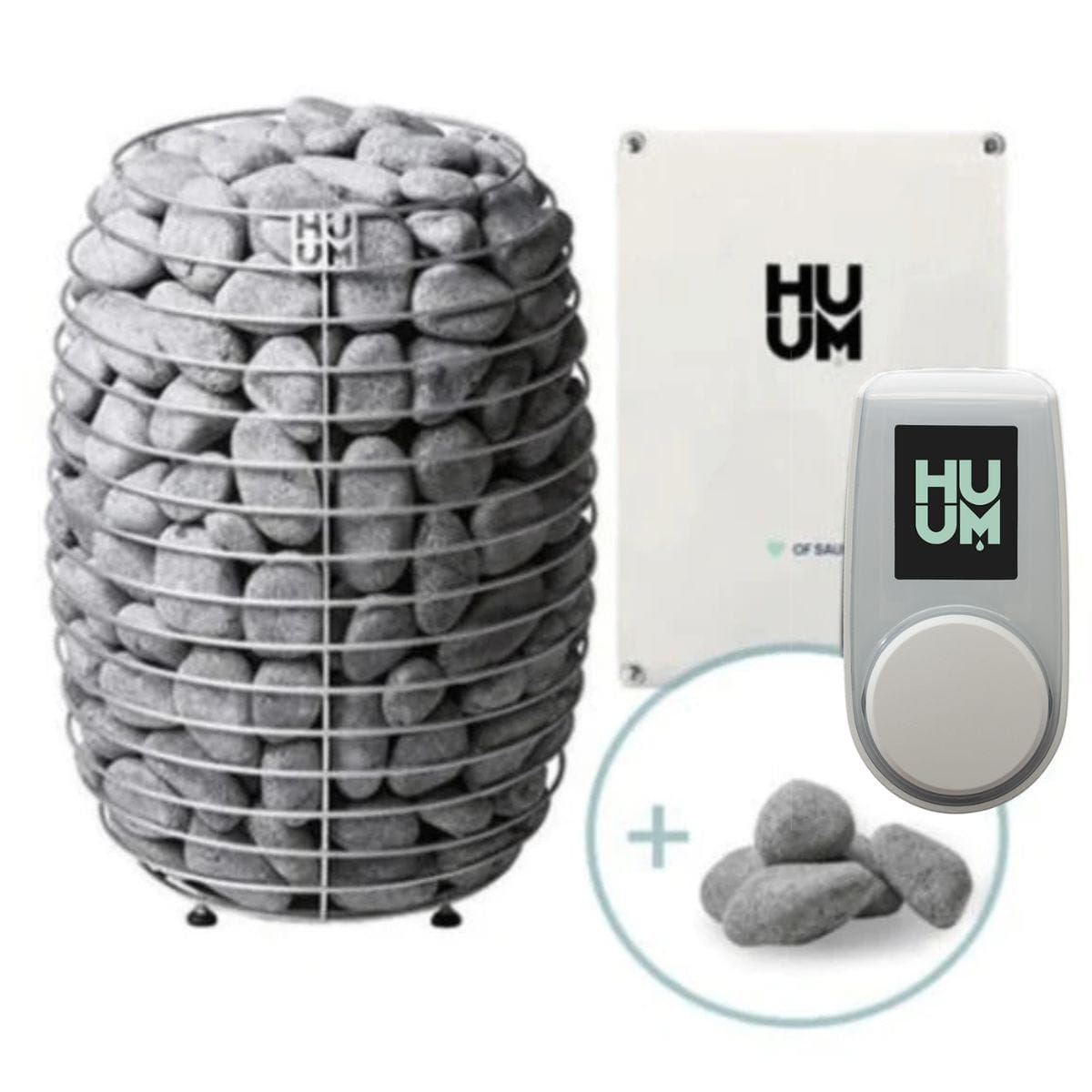 HUUM product set with stones in a cage, digital device, and stones on a white background