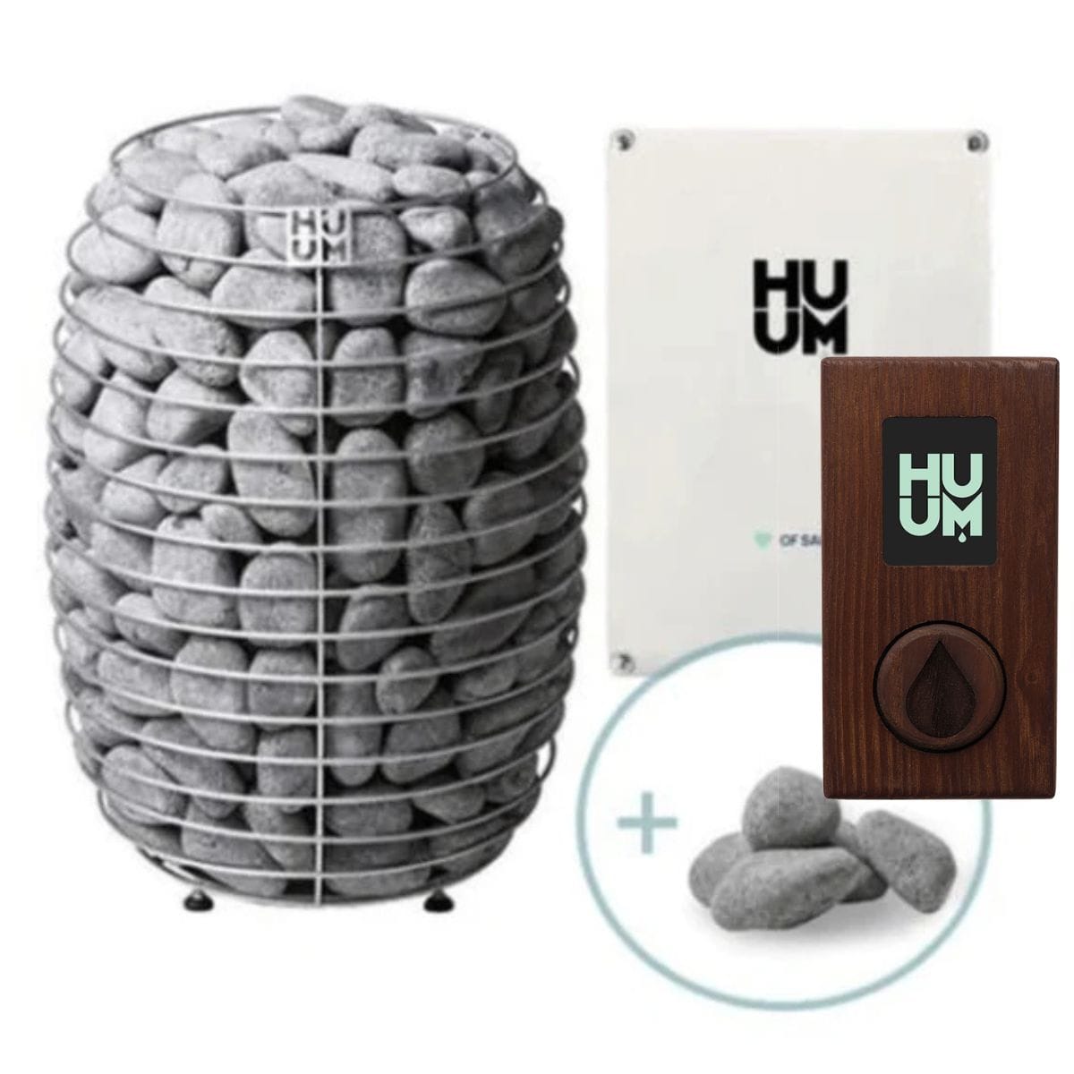 Collection of HUUM products including stones in a cage, a white box, a wooden device, and stones on a white background.