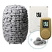 Cat litter product set with rocks, a container, and a digital device on a white background.