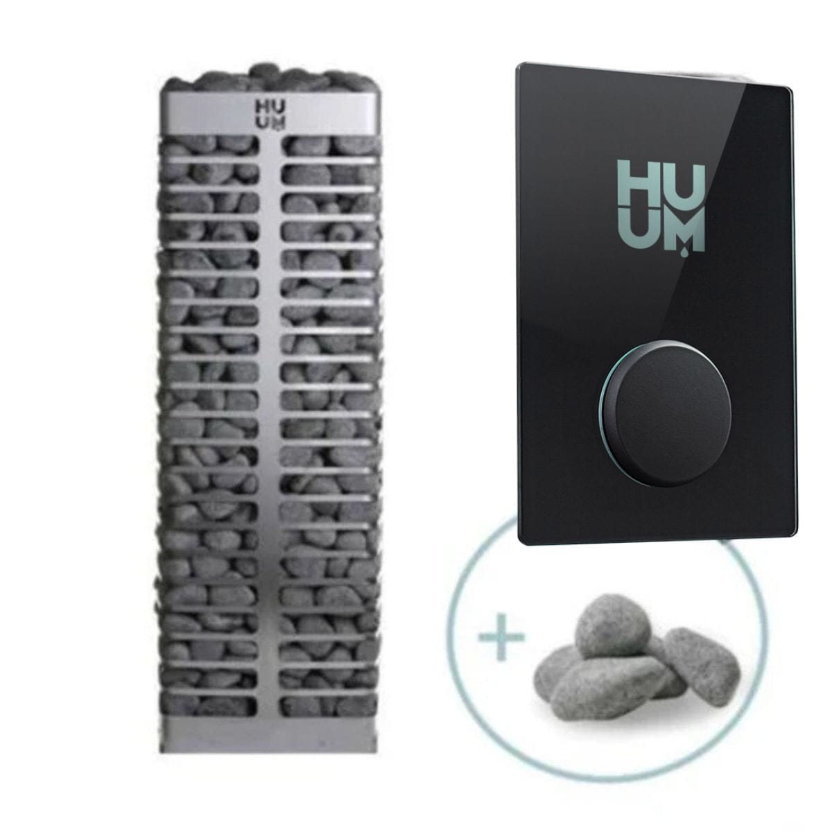 HUUM device with filter holder and stones on a white background