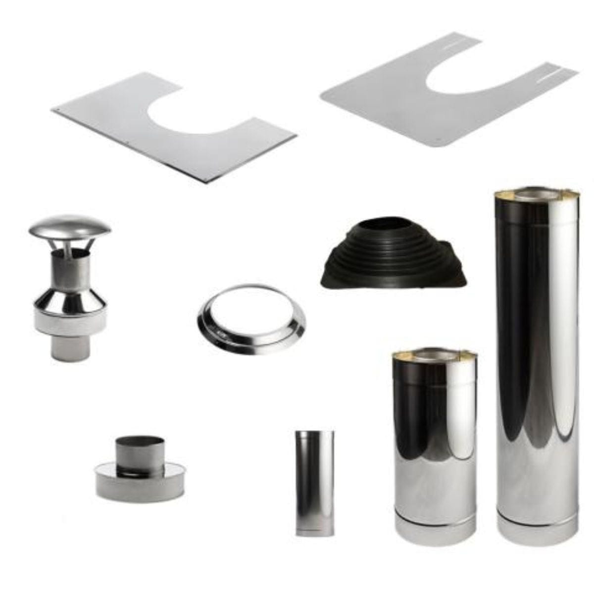This set includes a single-wall 0.25m pipe, welded chimney base, double-wall 0.5-meter chimney, cover plate in two parts for the ceiling