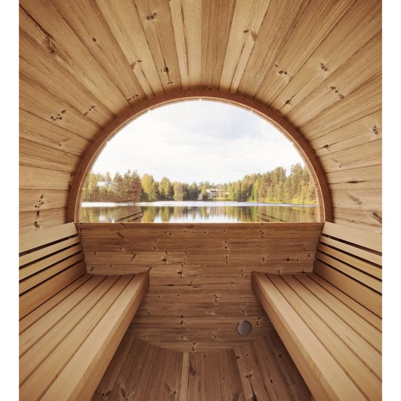 SaunaLife Model E7W 4-Person Outdoor Barrel Sauna Half Moon Glass Image