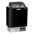 Black Harvia sauna heater with metal rack on a white background