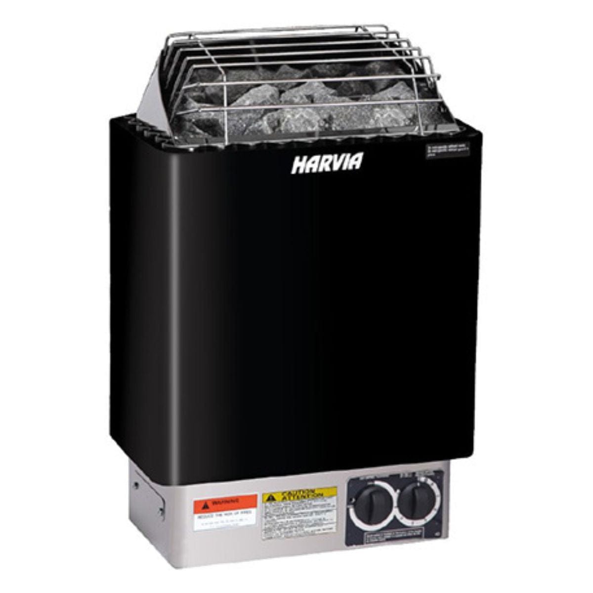 Black Harvia sauna heater with metal rack on a white background