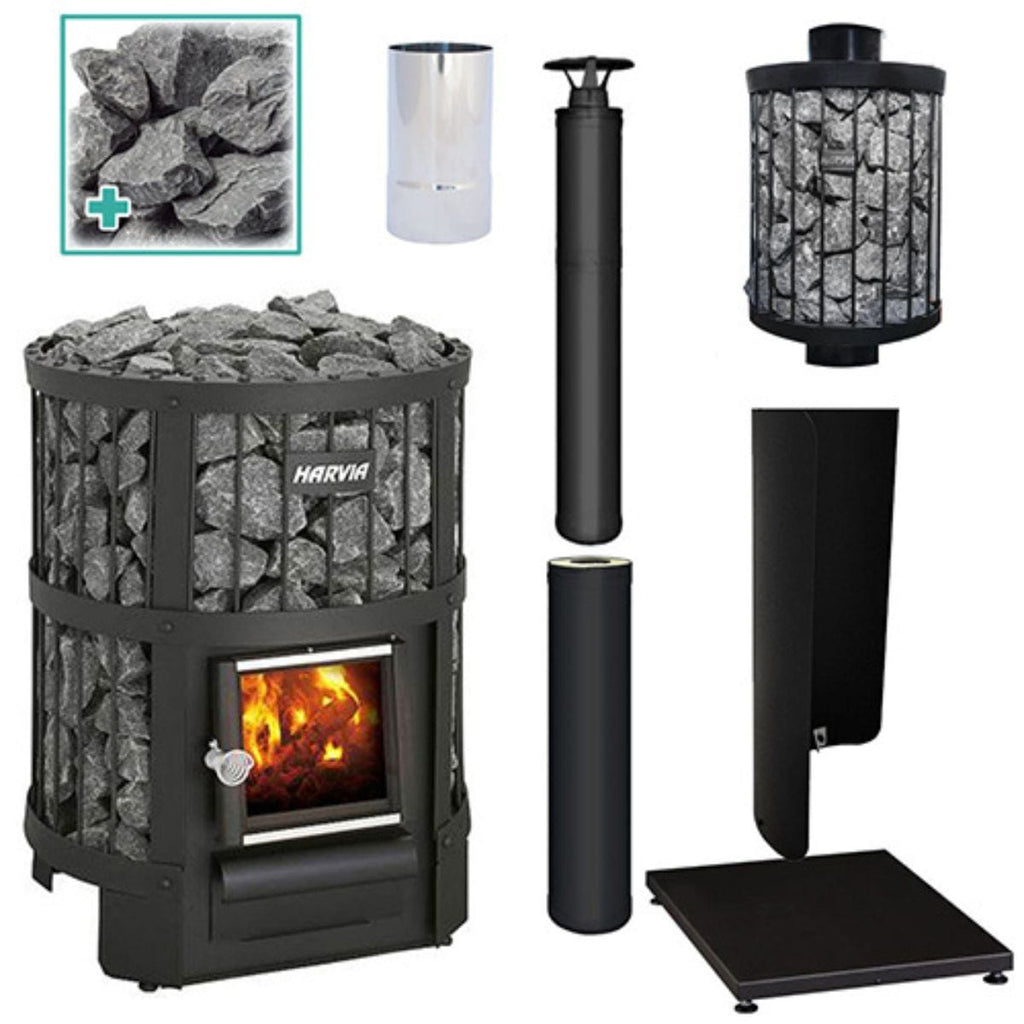 Comes complete with the Legend 150 Sauna Stove, Protective Bedding, Protective Sheath, Chimney Kit, Chimney Extension, Water Heater, Smoke Pipe, and Sauna Stones