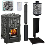 Comes complete with the Legend 150 Sauna Stove, Protective Bedding, Protective Sheath, Chimney Kit, Chimney Extension, Water Heater, Smoke Pipe, and Sauna Stones