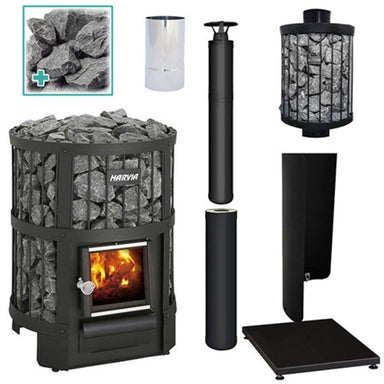 Comes complete with the Legend 150 Sauna Stove, Protective Bedding, Protective Sheath, Chimney Kit, Chimney Extension, Water Heater, Smoke Pipe, and Sauna Stones