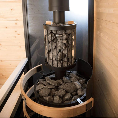 The front of the water heater is covered by stones so when water is thrown on them it gives your sauna more steam while helping to heat the water.