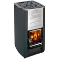The Harvia M3 stove features a glass door, enabling the glowing fire for a traditional sauna ambience.