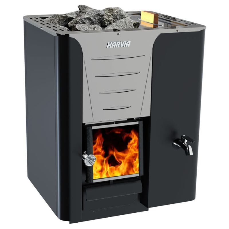 the Harvia PRO 20 RS wood-burning sauna stove has a 30 liter fixed water tank on the right side of the heater.