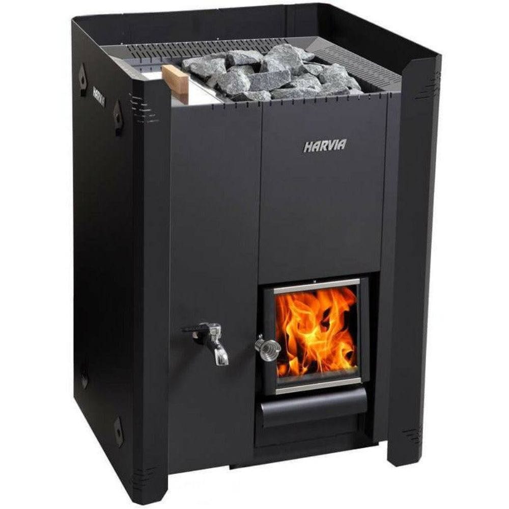 The protective sheath attaches to the wood-burning heater and conforms to its shape for a sleek finish.