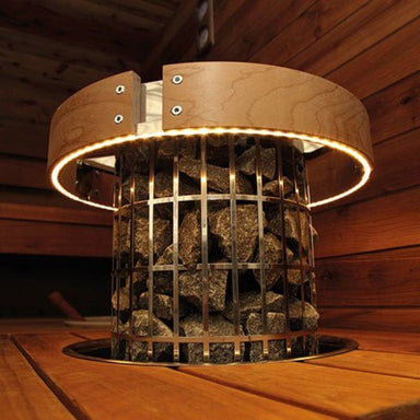  The safety railings consist of four wooden arches attached to each other and the sauna heater with stainless steel mounts. 
