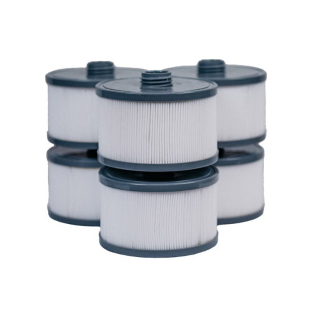 Set of five cylindrical filters with gray tops on a white background
