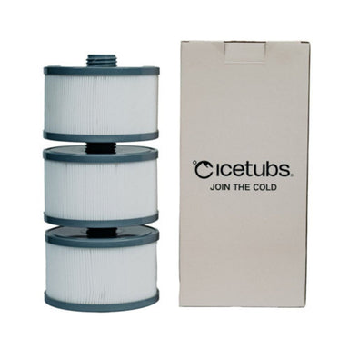 Three cylindrical filters stacked next to a cardboard box with 'Icetubs' branding on a white background.