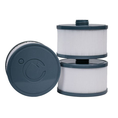Three replacement vacuum filter cartridges, including two stacked white pleated filters with dark gray rims and a separate round filter cap showing the embossed logo, on a white background.