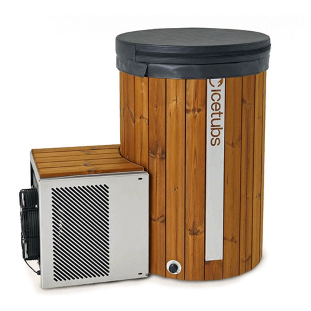 Wooden ice tub with a black lid and a small white freezer on a white background