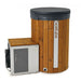 Wooden ice tub with a black lid and a small white freezer on a white background