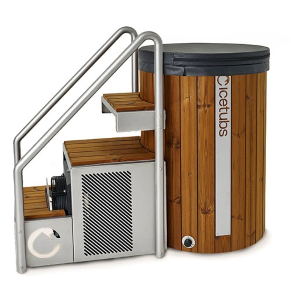 Wooden ice tub with metal staircase and visible brand logo on a white background