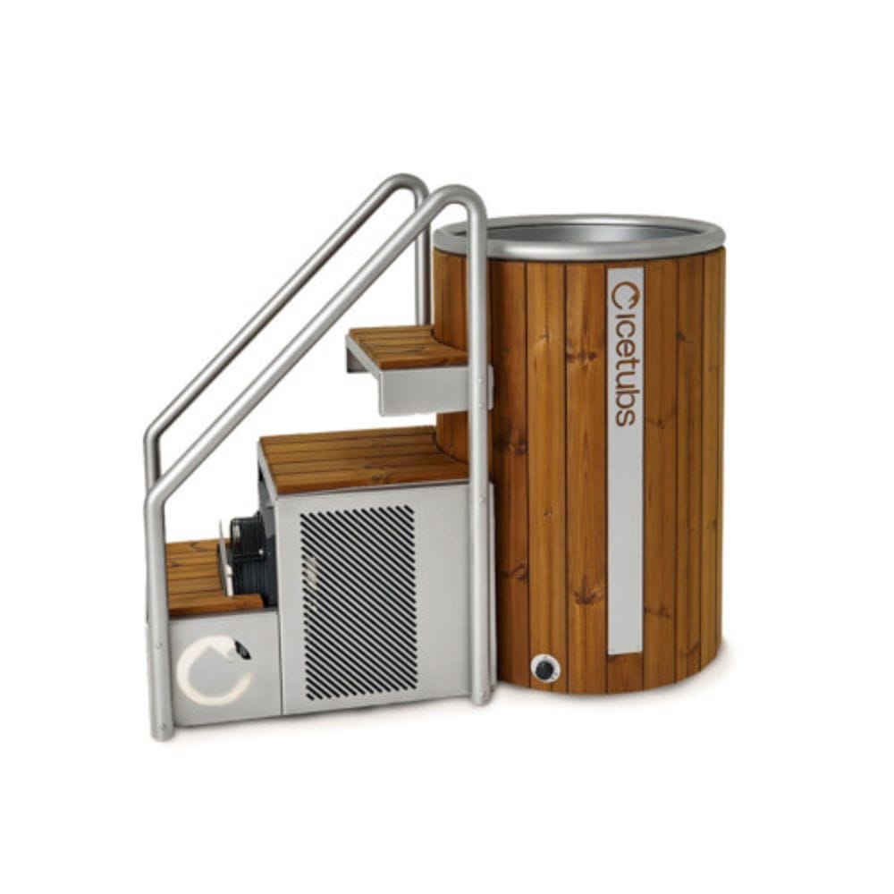 Wooden ice tub with metal staircase and ice maker on a white background