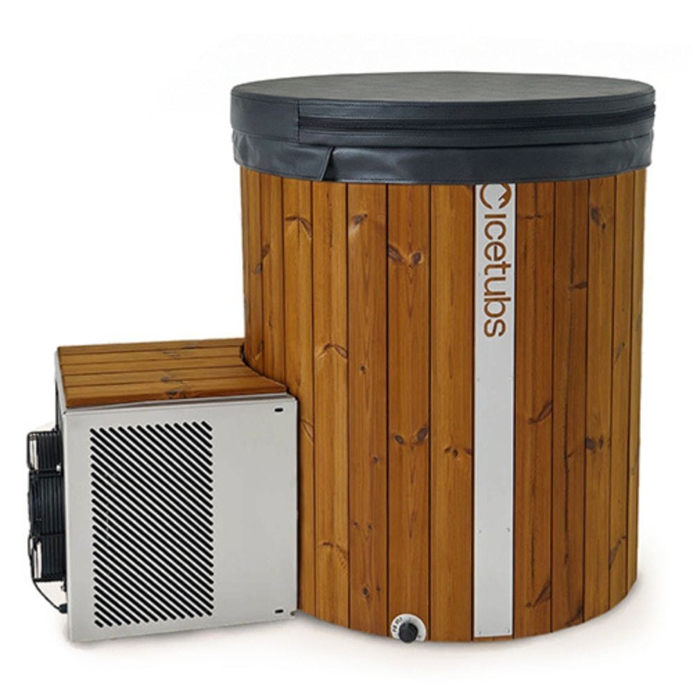 Wooden hot tub with a black lid and side panel on a white background