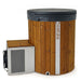 Wooden hot tub with a black lid and side panel on a white background