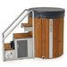 Wooden hot tub with metal steps and staircase on a white background