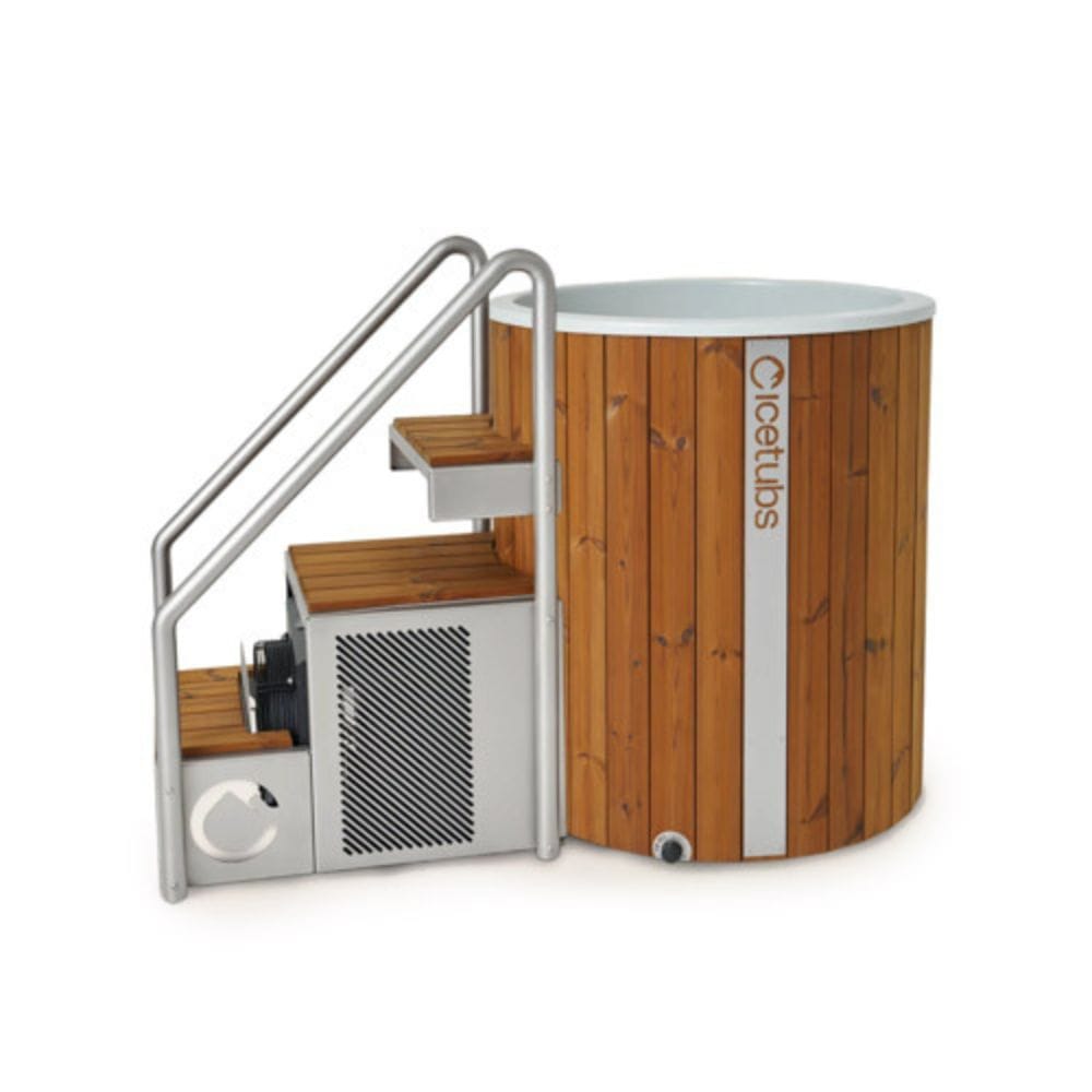 Wooden hot tub with metal staircase and visible brand 'IceTubs' on a white background