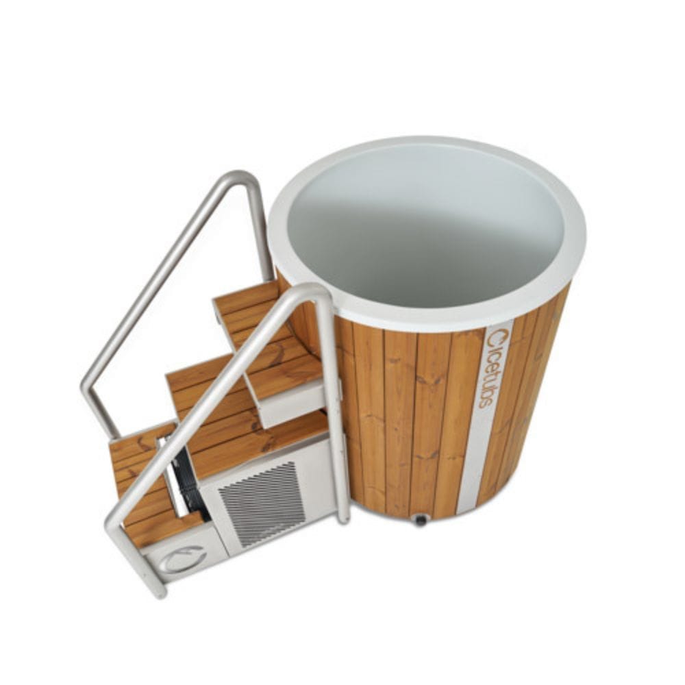 Wooden hot tub with white interior and metal ladder on a white background