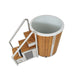 Wooden hot tub with white interior and metal ladder on a white background