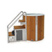 Wooden hot tub with metal staircase and visible brand 'IceTubs' on a white background