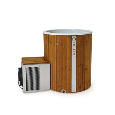 Wooden hot tub with control panel on a white background