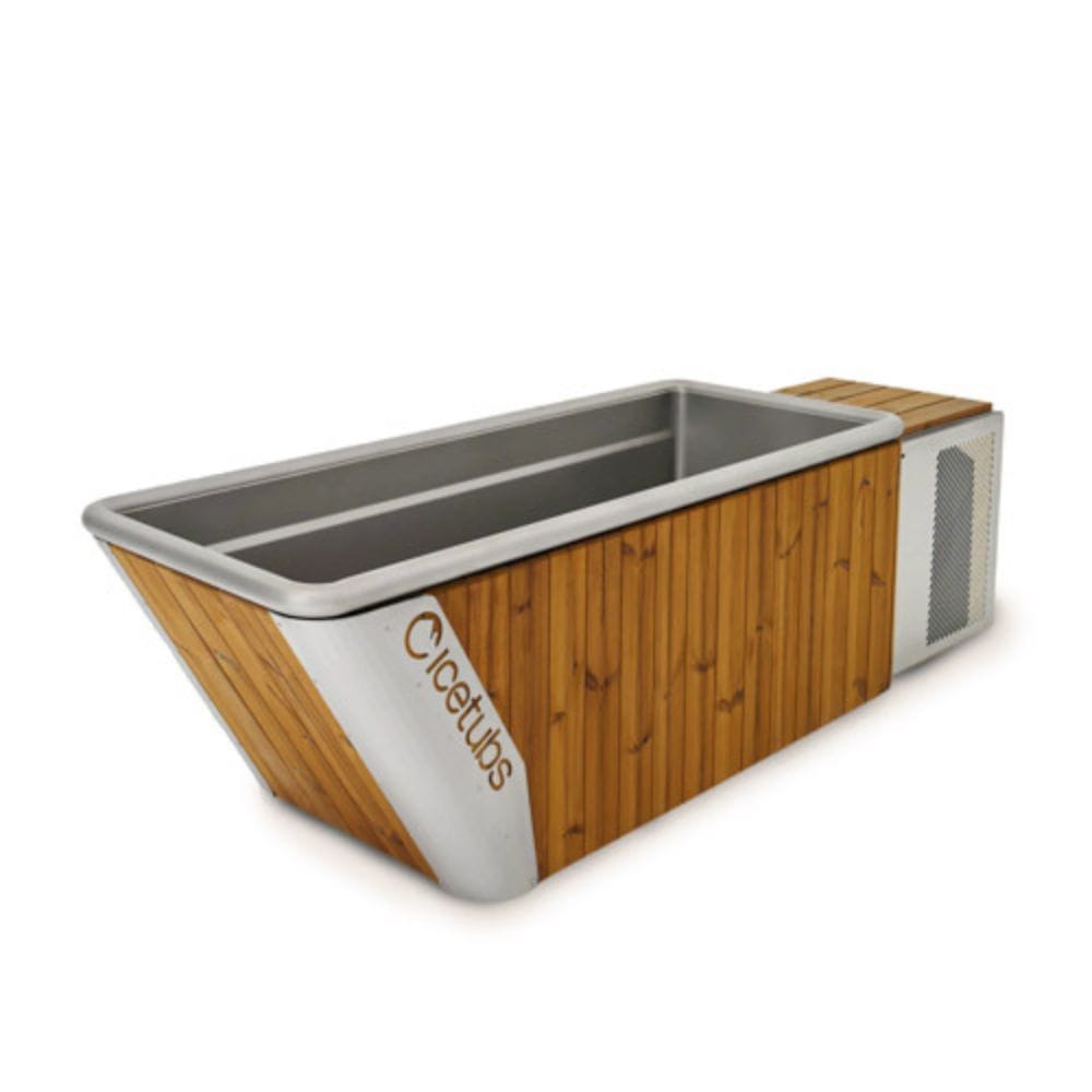 Wooden outdoor hot tub with metallic interior on a white background