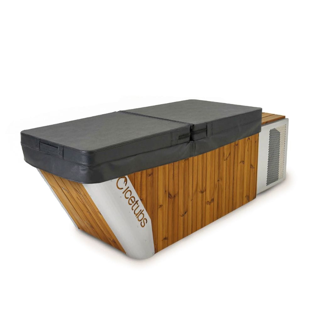 Wooden outdoor furniture piece with a gray top on a white background