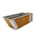 Wooden outdoor hot tub with metallic interior on a white background