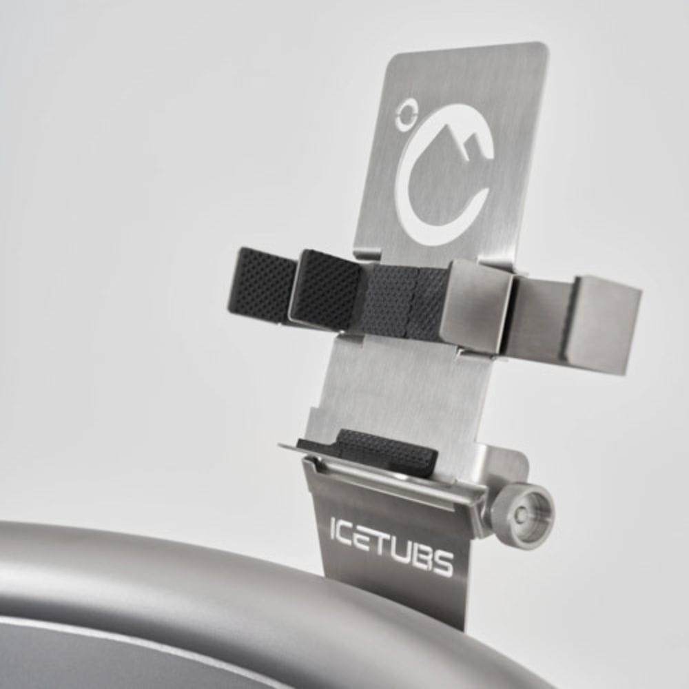 Metallic device with 'ICETUBS' branding on a light gray background