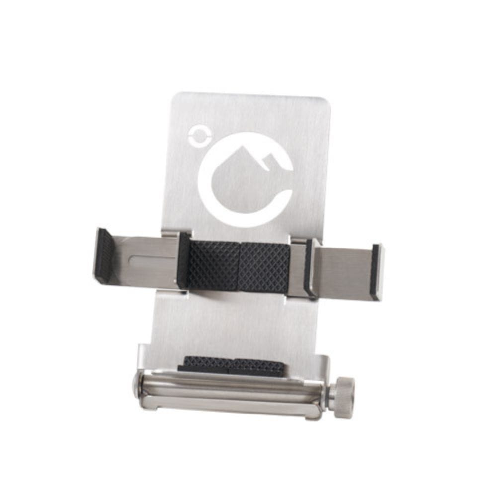 Metallic phone mount with a logo on a white background