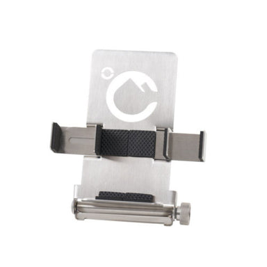 Metallic phone mount with a logo on a white background