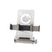 Metallic phone mount with a logo on a white background